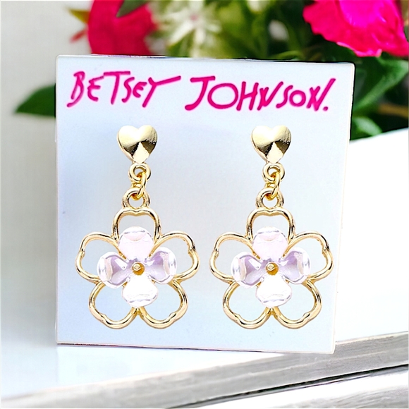 Gold-plated Heart Enamel Flower drop earrings with silver post BOGO - Picture 1 of 11